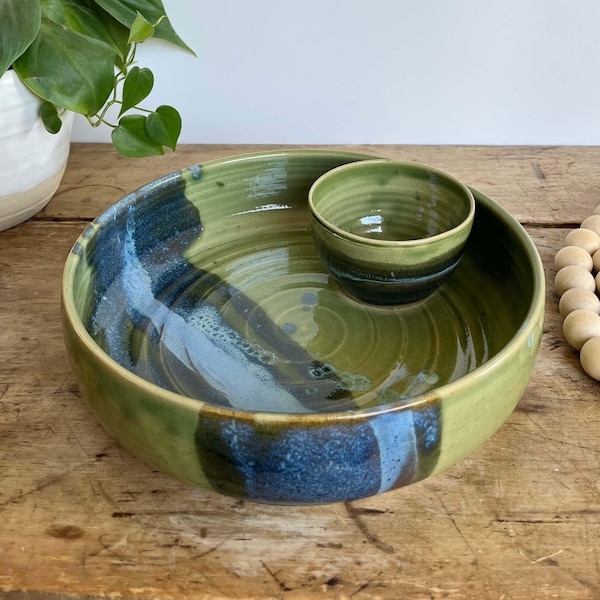 Anniversary Gift Chip and Dip bowl Large Handmade pottery bowl Green pottery Queso bowl Game Day Dip Platter Party Tray Entertaining Night