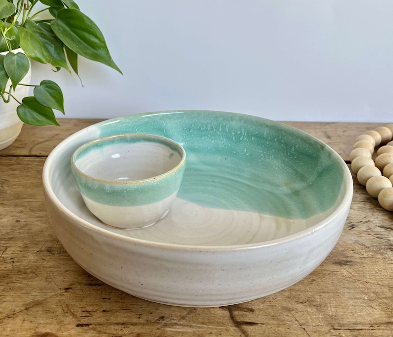 Chip and Dip bowl Large Handmade pottery bowl pottery serving bowl large blue ceramic chip and dip bowl gift