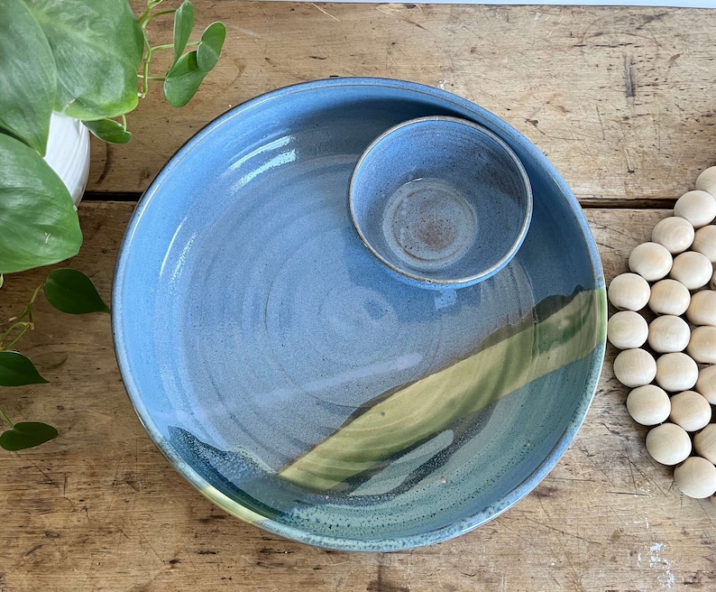Chip and Dip bowl Large Handmade pottery bowl pottery serving bowl large blue ceramic chip and dip bowl gift