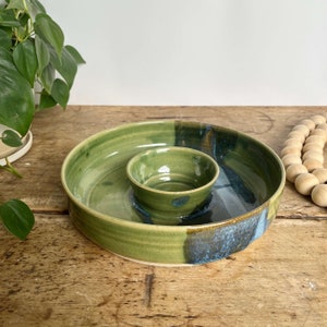 Handmade pottery chip and dip bowl Green ceramic chip and dip bowl pottery dip serving platter Green handmade ceramic Green pottery handmade