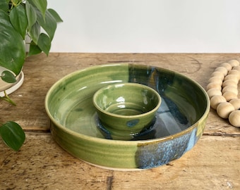 Handmade pottery chip and dip bowl Green ceramic chip and dip bowl pottery dip serving platter Green handmade ceramic Green pottery handmade