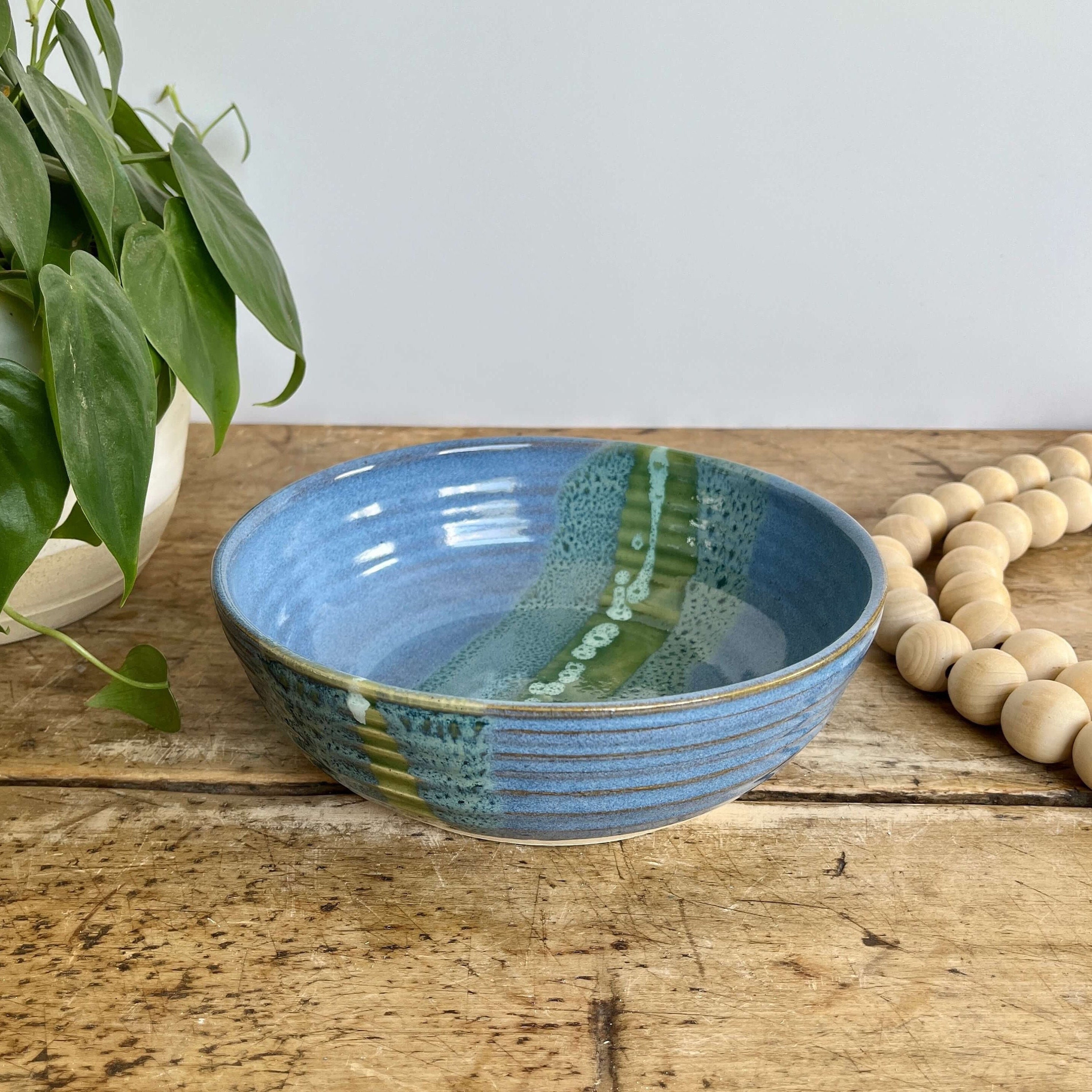 Shay Ceramic Large Serving Bowl – 21cm, Blue Green Glossy Glaze, Chip & Thermal Shock Resistant (1500ml)