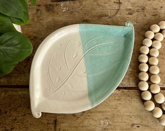 Pottery Aqua Platter Handmade Serving Platter Teal Ceramic Serving Tray Turquoise Leaf Platter Appetizer Plate Ceramic Meat Platter Serving