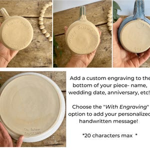 May include: Handmade ceramic pieces with engraved messages. One piece has "Happy Father's Day" inscribed. Another has "Evan & Nikki" and "June 11, 2024". A third piece has "The Sakenas July 27, 2019".