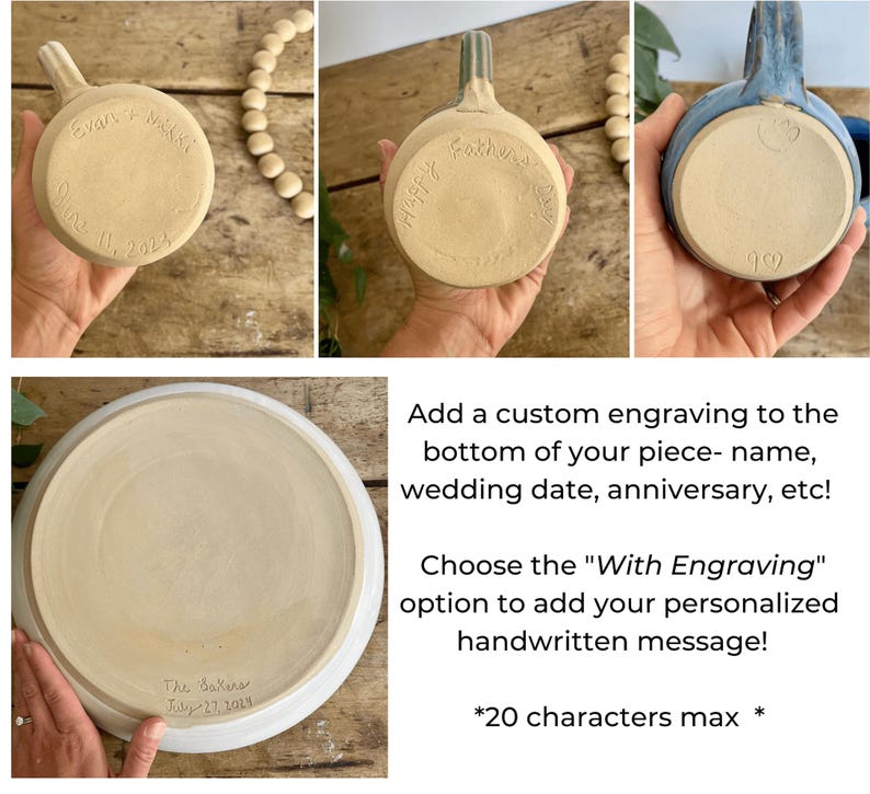 May include: Handmade ceramic pieces with engraved messages. One piece has "Happy Father's Day" inscribed. Another has "Evan & Nikki" and "June 11, 2024". A third piece has "The Sakenas July 27, 2019".