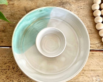 Handmade pottery chip and dip bowl Aqua ceramic chip and dip bowl pottery serving platter Teal handmade ceramic Turquoise pottery handmade