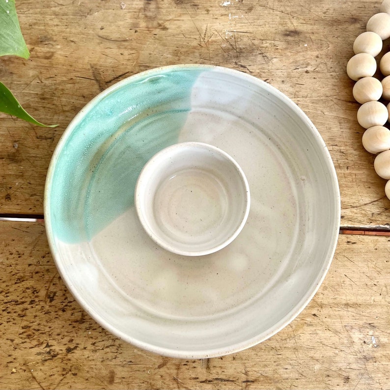 Handmade pottery chip and dip bowl Aqua ceramic chip and dip bowl pottery serving platter Teal handmade ceramic Turquoise pottery handmade