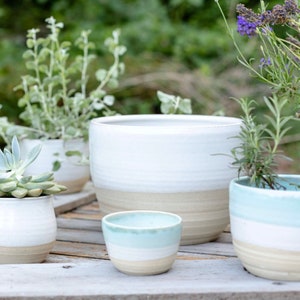 Peut inclure: Quatre pots en céramique de différentes tailles, avec un glaçage blanc et une bande brun clair autour du haut. Les pots sont disposés sur une surface en bois. Le plus grand pot est vide, tandis que les trois autres pots contiennent des plantes.