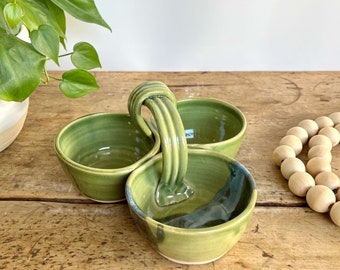 Summer Serving Bowl Pottery Game Day Dip Bowl Triple Dip Platter Green Summer Hosting Bowl Snack Bowl Green Tray For Snack anniversary gift