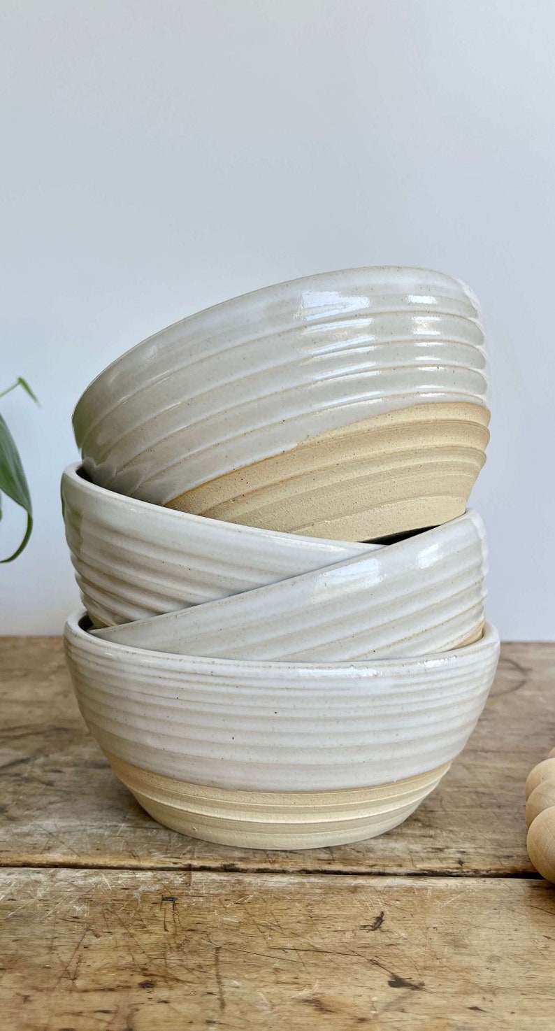 Handmade Pottery Bowl Monochromatic Pottery Soup Bowl Set Farmhouse Bowl Neutral Kitchen Bowl Set Medium Pasta Bowl White Ceramic Bowl Set image 10