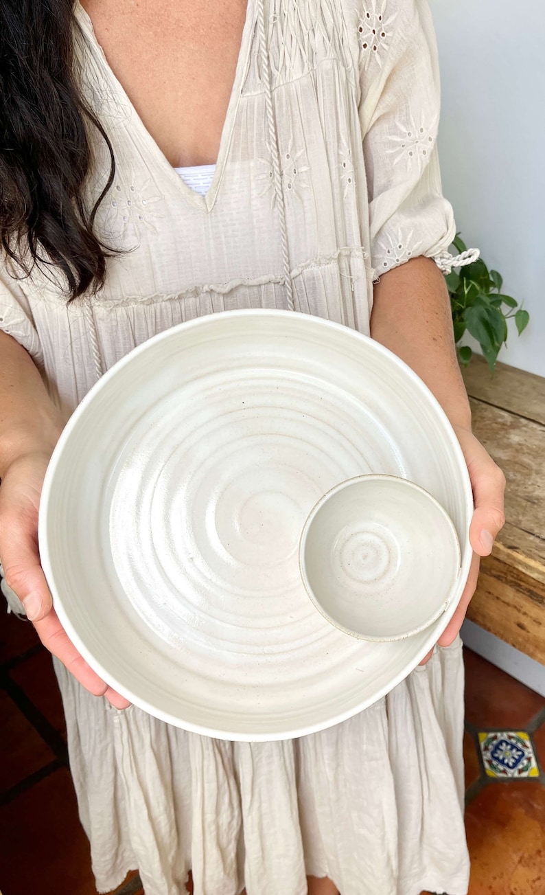 Chip and Dip Snack Bowl Large Chip Dip Handmade Pottery Bowl Blue Pottery Serving Platter Large ceramic hors d'oeuvres tray Ceramic Game Day White