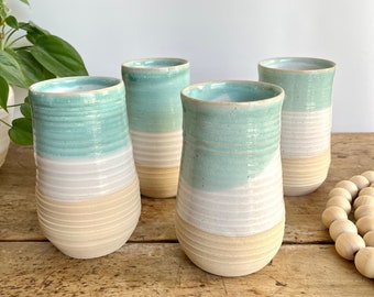 24 oz Ceramic Tumbler Aqua Handmade Pottery Tumbler White Ceramic Vase Small Pottery Pint Glass Ceramic Water Cup Stoneware Tumbler Set Cup