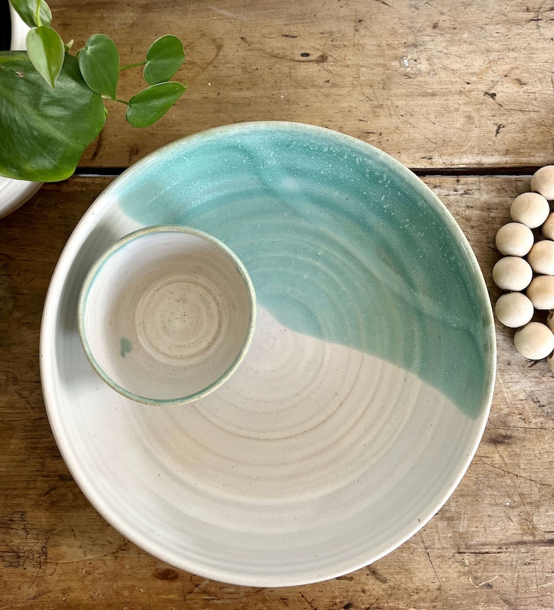 Wedding Gift Monochromatic Bridal Shower Present Chip and Dip bowl Large Handmade pottery Cream Gift bowl Present for Client Birthday Gift Aqua