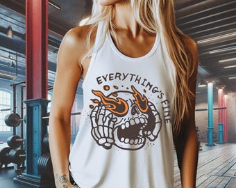Everything&#39;s Fine Skull-tanktop - damesshirt met print, gym workout-tank, Skull Racerback-tanktop, rebellentanktop, gewichtheffertank, vlammende schedel