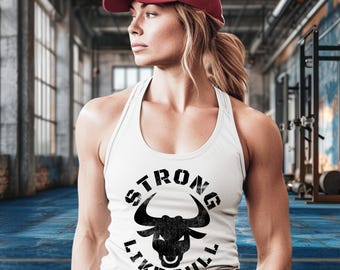 Camiseta sin mangas Racerback Gym Tank, Strong Like Bull Apparel, Ropa de entrenamiento, Ropa deportiva, Camiseta sin mangas para mujer, Camiseta de gimnasio,