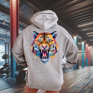 Tijgergezicht fitness hoodie - tijger hooded sweater, workout trui, trui met dierenprint, gym hoodie, fitness trui, aquarel tijger