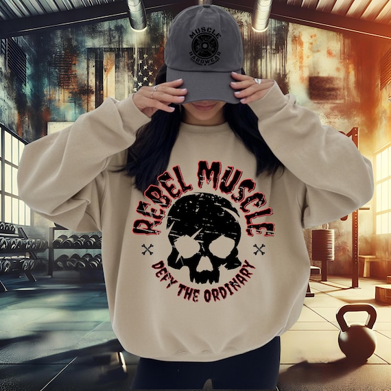 Rebel Muscle Skull Sweatshirt, Grunge Sweatshirt, Fitness Apparel, Workout Clothing, Gym Wear, Edgy Streetwear
