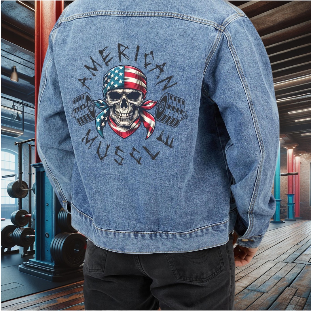 Skull Barbell Jeansjacke Herren Schädeljacke, Skelett-Jeans