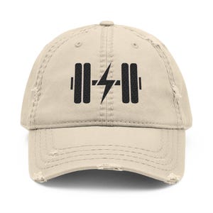 Embroidered Dumbbell Fitness Hat- Workout Cap, Gym Embroidery Hat, Exercise Baseball Cap, Fitness Gift for Him, Distressed Dad Hat, Workout