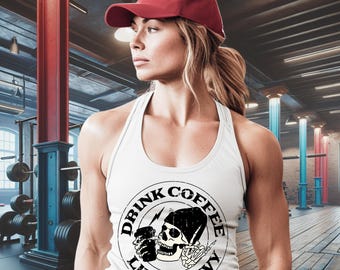 Coffee Lover tank-schedel racerback tanktop, shirt gym workout, fitness spier tank, sportkleding dames, grappig grafisch T-shirt, fitness cadeau