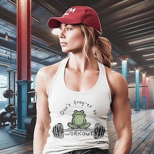 Funny Fitness Women&#39;s Tank Top - Workout Racerback Shirt, Gym Apparel, Exercise Clothing, Gym Humor Top, Frog Apparel, Barbell Tank, Muscle