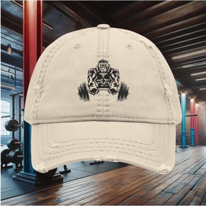 Embroidered Gorilla Barbell Distressed Hat - Weightlifting Cap, Gym Hat, Workout Headwear, Fitness Accessories, Gorilla Lover Gift, Muscle