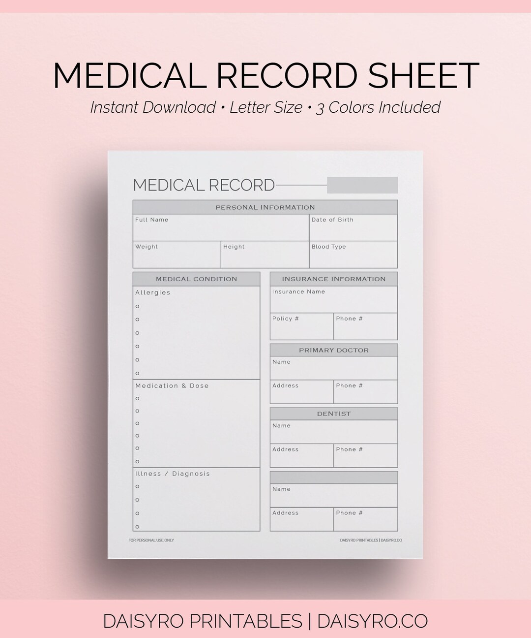 Medical Record Sheet Emergency Information in Case of Emergency Info ...