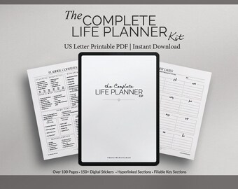 May include: A digital life planner kit with the text "The COMPLETE LIFE PLANNER Kit". The image shows a tablet with the planner title, and two pages with planner contents and date sections. The planner is a US Letter Printable PDF.