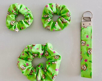 Baby Sloth Wristlet Key Fob Keychain and Scrunchie Set