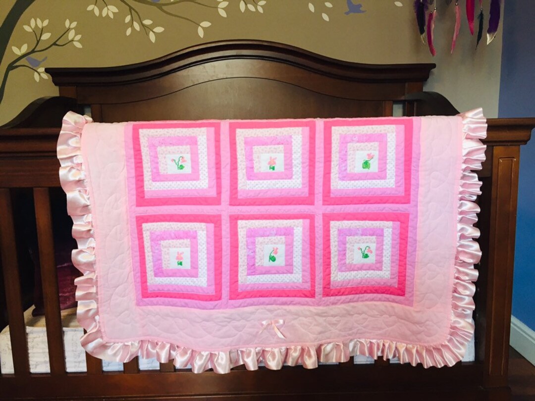 Pink Flower Quilt Baby Girl Quilt Girl Blanket Flowers Hot Pink Hearts