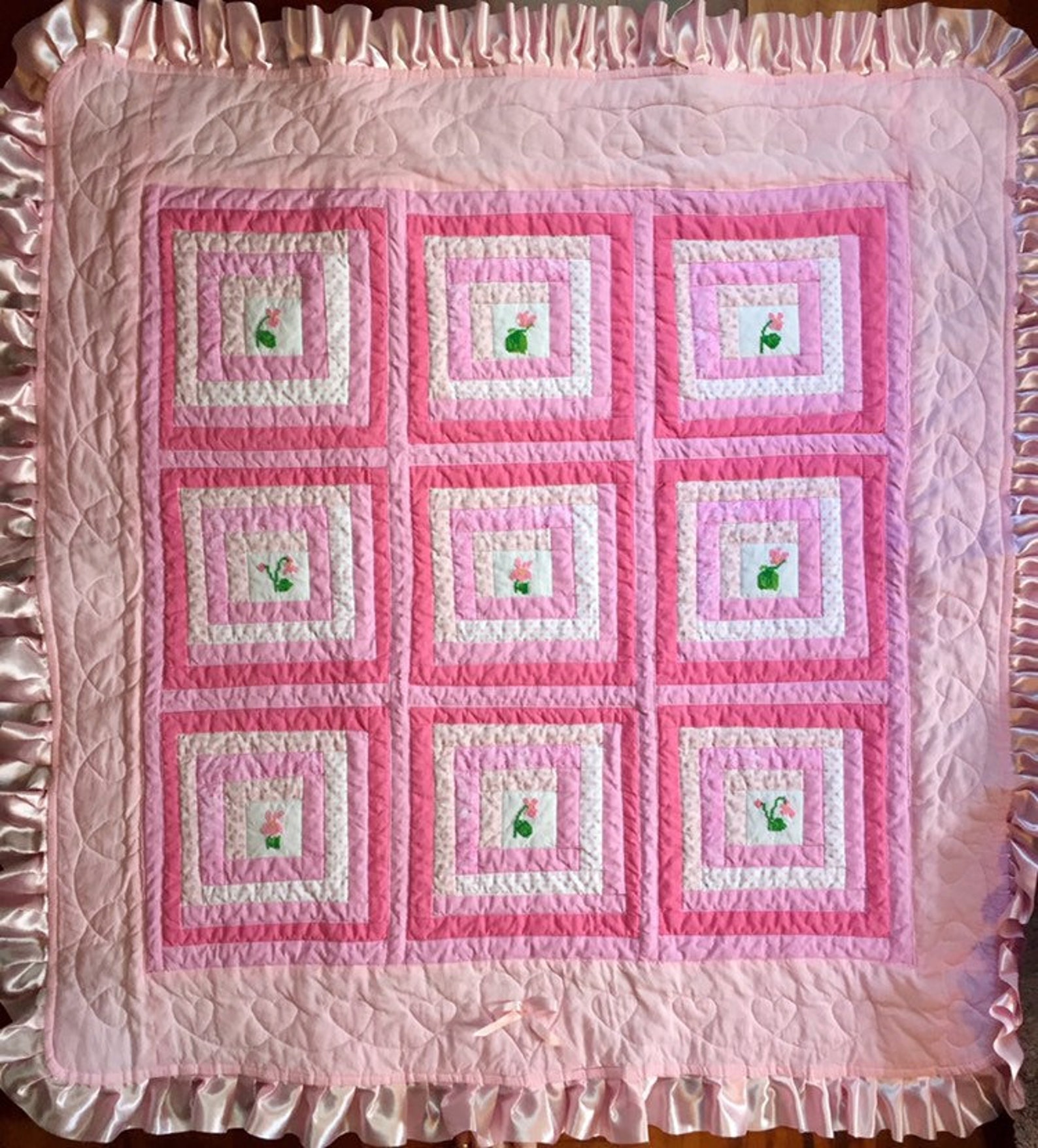 Pink Flower Quilt Baby Girl Quilt Girl Blanket Flowers Hot Pink Hearts