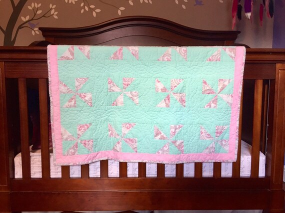Pink And Mint Paisley Baby Girl Quilt Little Blanket - Mint Paisley Baby Bedding Pink And Mint Paisley Baby Girl Quilt Little Blanket - Mint Paisley Baby Bedding