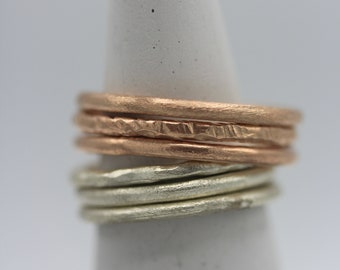 Handmade silver or rose gold stackable rings with plain and hammered surface - set of 3 rings (STR0007)