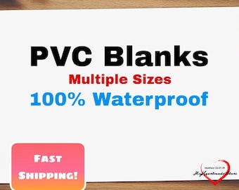 Puede incluir: Fondo blanco con el texto "PVC Blanks" en negro, "Multiple Sizes" en rojo y "100% Waterproof" en azul. Un rectángulo rosa y naranja dice "FAST SHIPPING!"