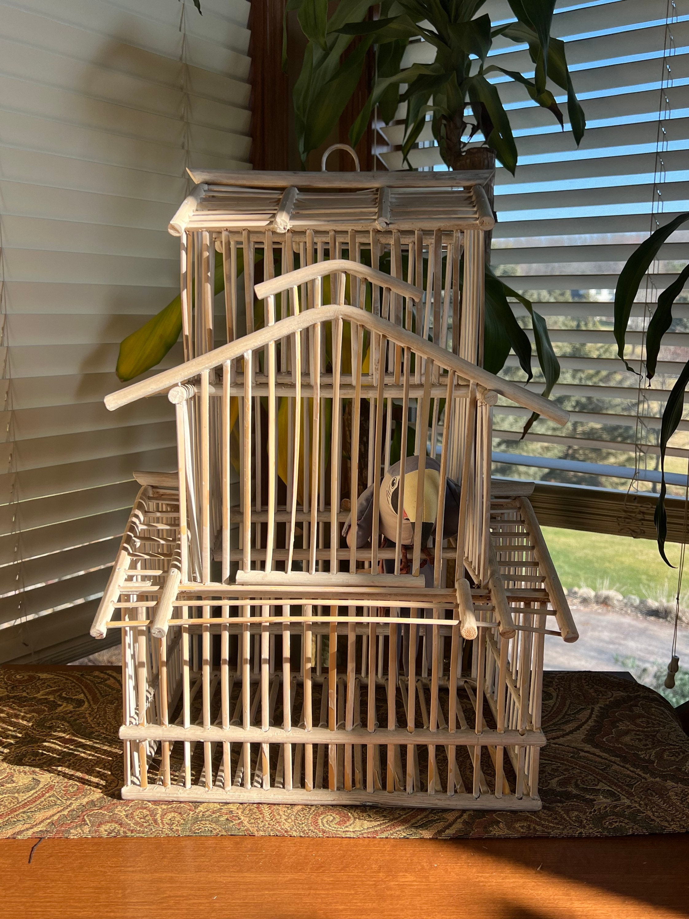 Antique Bamboo Hanging Bird Cage With Japanese Feathered Bird