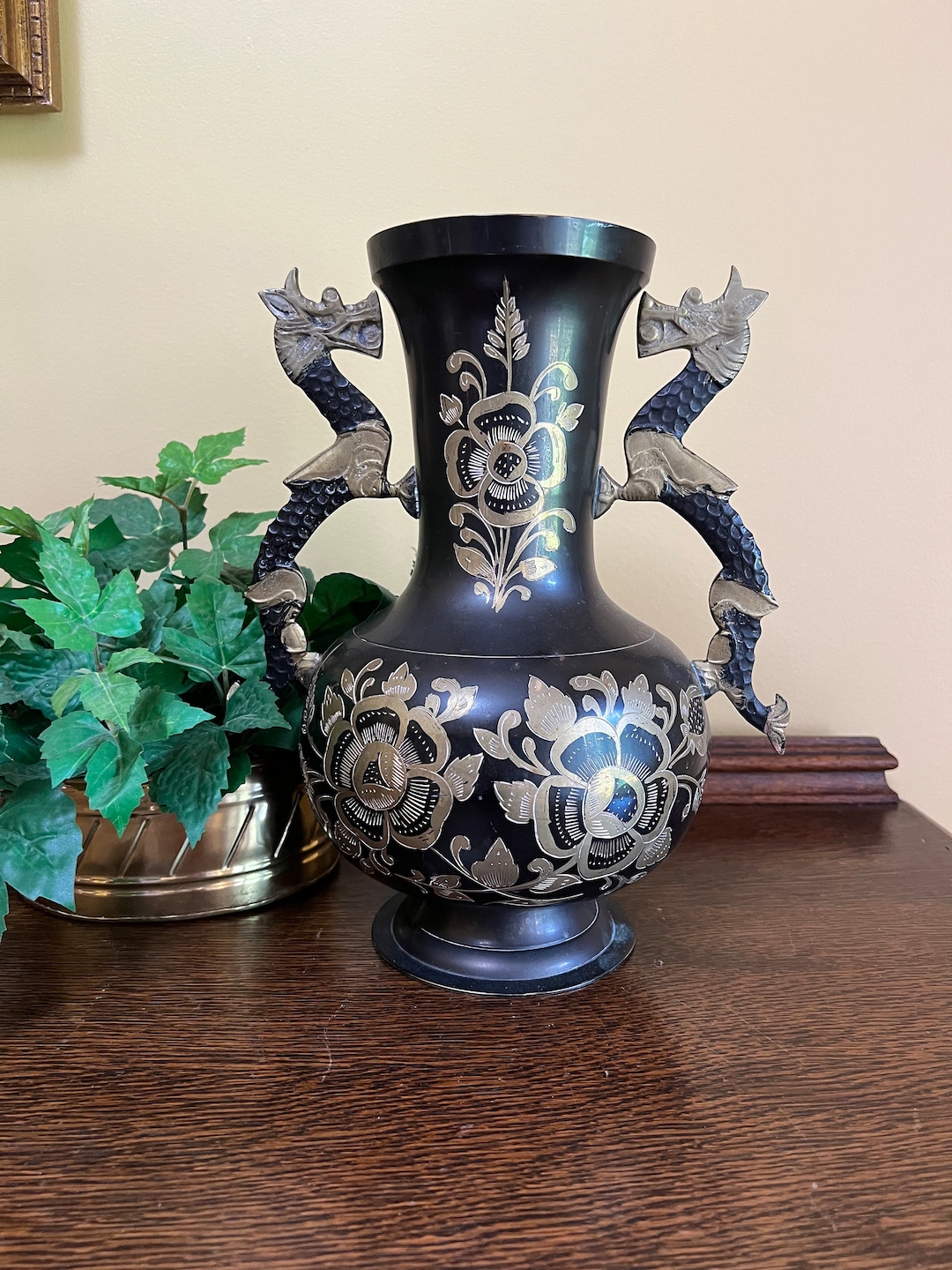 Etched Brass Vase With Dragon Handles Etsy