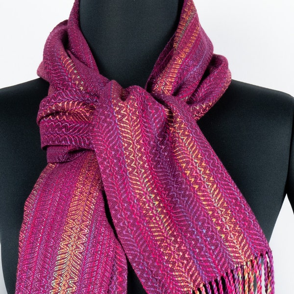 Handwoven Scarf - Cranberry, Plum, Orange  - soft Tencel/Bamboo/Cotton