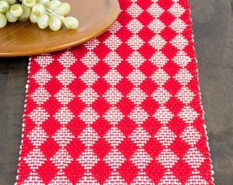 Table Runner Handwoven - 8x37 - Red and White Cotton