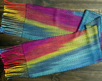 Handwoven Scarf - Hand dyed Rainbow with Diagonal Pattern  - 8x57