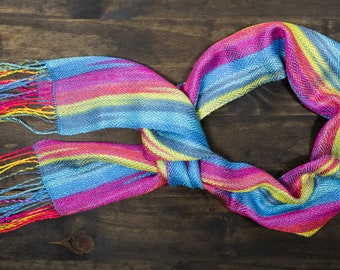 Handwoven Scarf - Hand dyed Rainbow Colors with Diagonal Pattern - 8x61
