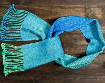 Handwoven Scarf - Hand dyed Aqua, Green and Blue - Rayon/Cotton  - 6x56