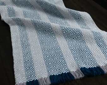 Handwoven Table Runner - 12x72 - Slate Blue, Gray and White Cotton/Bamboo