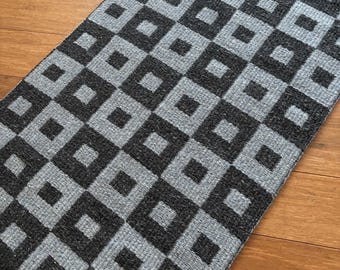 Handwoven Wool Rug - Gray and Denim Blue-Gray  26x41 Reversible