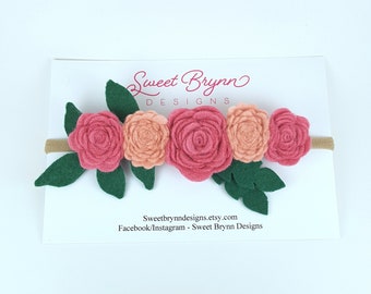 Pink flower headband, felt floral headband, flower girl headband, pink felt floral headband, flower girl headband, flower headband