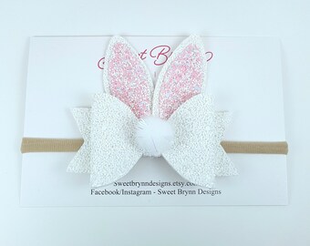 Glitter bunny bow, glitter bunny headband, glitter bunny clip, sparkly bunny bow, white glitter bunny bow, sparkly bunny bow, bunny hair bow