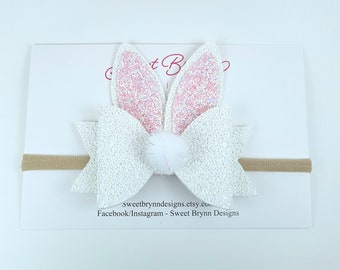 Glitter bunny bow, glitter bunny headband, glitter bunny clip, sparkly bunny bow, white glitter bunny bow, sparkly bunny bow, bunny hair bow