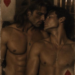 May include: A vintage-style playing card featuring the number 6 and a red heart in the top left corner, and the number 9 and a red heart in the bottom right corner. The central illustration depicts two shirtless individuals with necklaces.