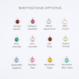 May include: A selection of birthstone options, each with a gold-colored setting. The gemstones are in various colors, including red, purple, blue, green, and pink. Text above reads "BIRTHSTONE OPTIONS" with the month and gemstone name.