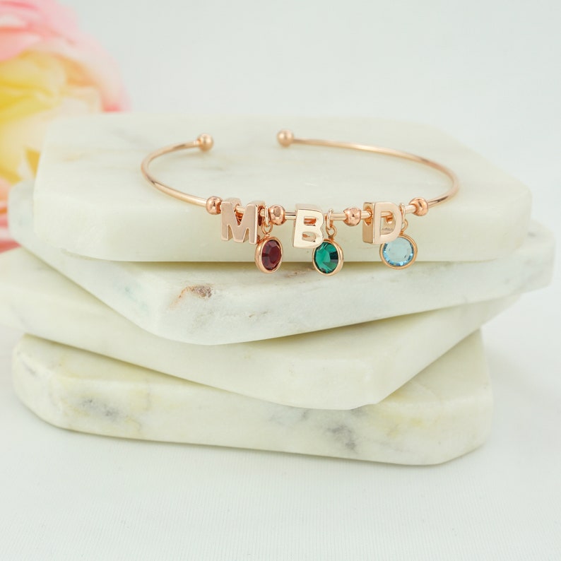 Birthstone Letter Initial Bracelet for Mom Birthstone Cuff Bangle Bracelet Personalized Cuff Bracelet Family Initial Mother Grandma Bracelet