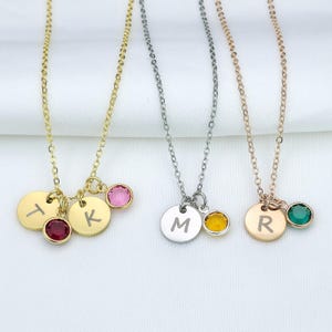 Personalized Initial Disc Birthstone  Necklace for women, Birthstone Necklace, Birthstone Initial Necklace, Mother Necklace, Mother&#39;s Day